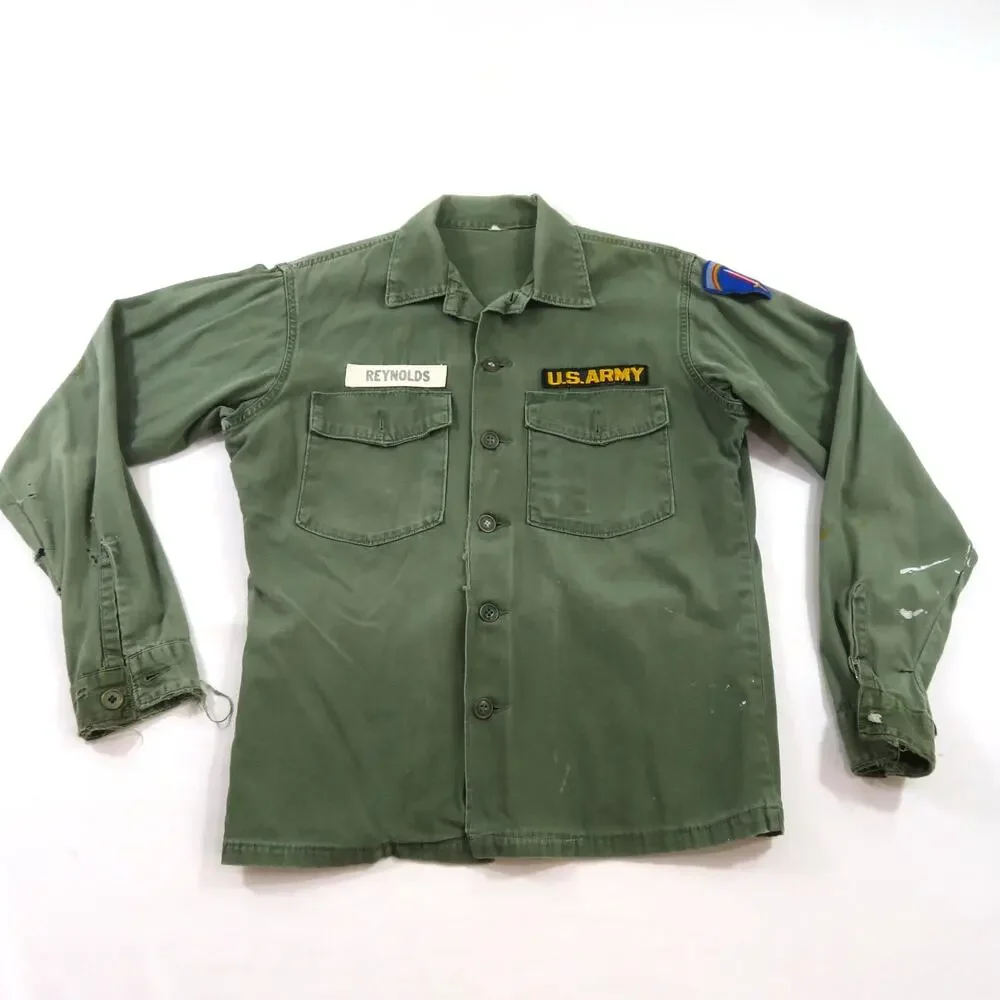 Army Cotton Sateen Shirt, Utility Button Down, Green, Sz M? 1960s